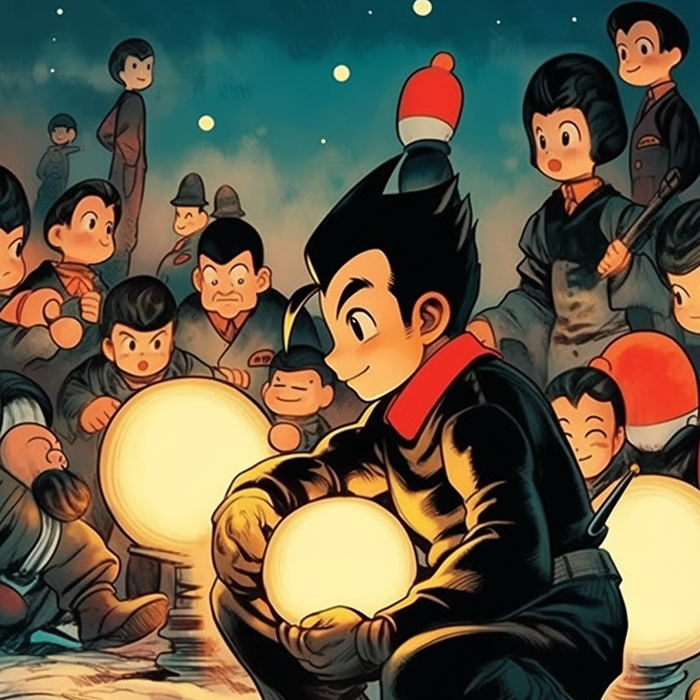Past WWII era of manga illustration of a hero in the style of the popular character Asrto Boy.