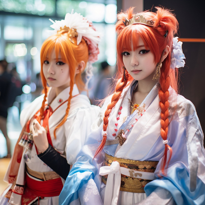 Picture showing zwo cosplayer girls on a manga and anime converntion.