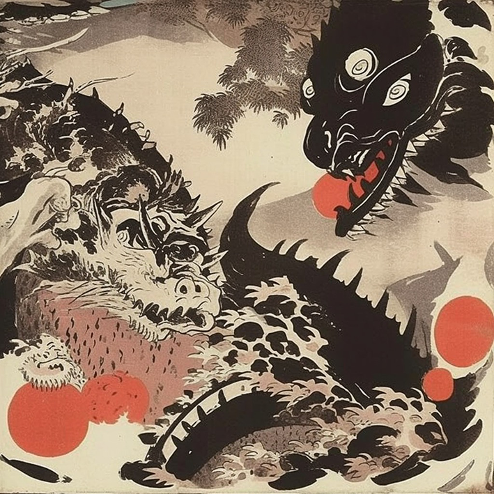 traditional manga illustration shows a drangon flying over the ocean.